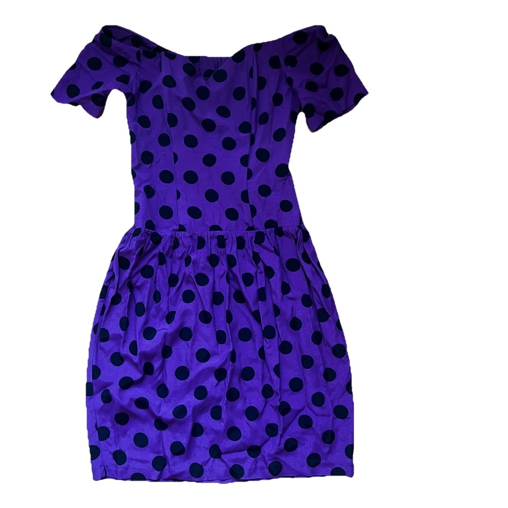 VTG 80s Et Al Rad Purple/Black Polka Dot Midi Prom Formal Dress‎ Size 4